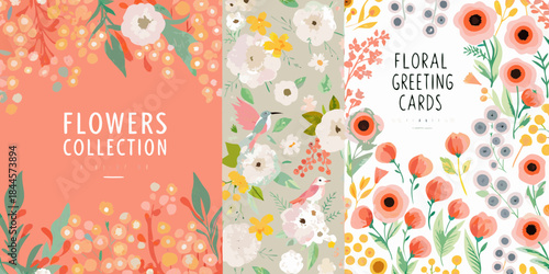 Floral collection cards with delicate blooms leaves and bird illustrations