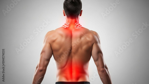 Man with back and neck pain standing gray background with red highlight
