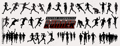 Set of man and woman runner, fitness couple, athlete group and adult running or jogging people silhouette for run competition or marathon. Sprinter, exercise, healthy lifestyle or sports training icon