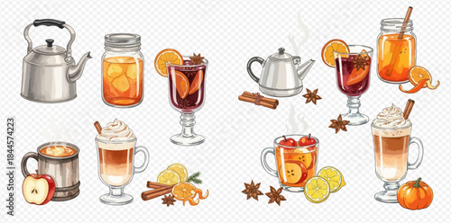 Collection of various watercolor illustrations of hot beverages and ingredients for warm drinks.