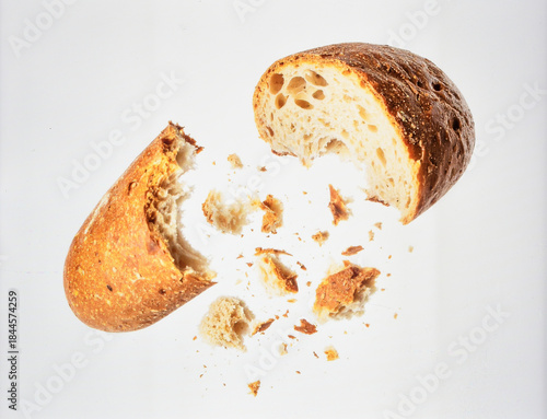 Bread crumbs flying as loaf torn apart isolated on white background, homemade bakery freshness and texture motion concept