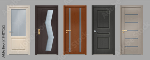 Wood door. Old wooden texture. Modern simple doorway with doorknob or glass. House entrance frame front view. 3D gate design. Office or home doorframe. Vector realistic interior objects set