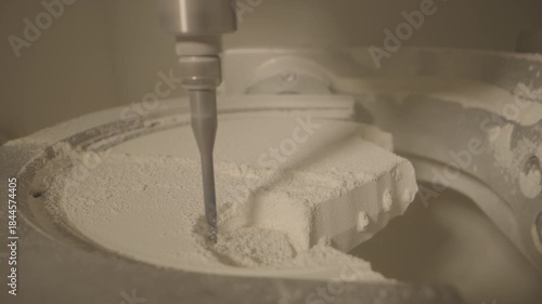dental milling machine carving zirconia crown, closeup of rotating bur shaping ceramic blank in sterile laboratory environment,