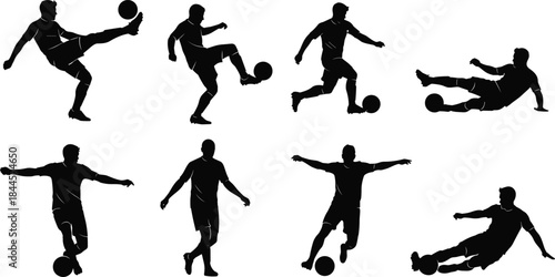 Soccer player action silhouettes set, football kicking dribbling tackling movements, sports training concept, dynamic athlete poses, isolated black vector illustration