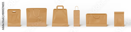 Paper bag. Brown shop handle craft paperbag mockup for branding and merchandising, 3d food cardboard carry front view, retail reusable realistic rope package for shopping. Vector mock up set