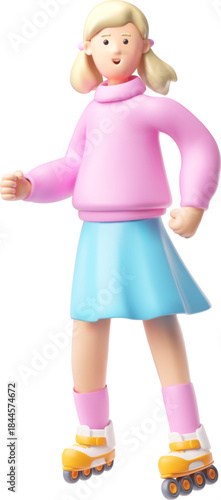 Smiling teenager girl roller skating, 3D cartoon vector blond schoolgirl character wear pink blouse, sport activity