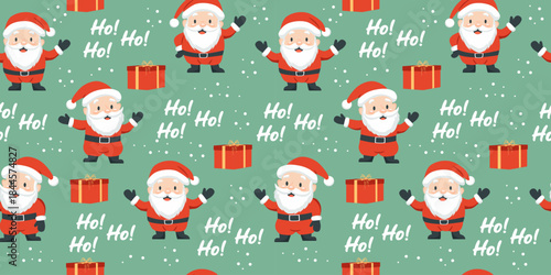 Christmas seamless pattern. Cute Santa with gifts and  inscription - Ho Ho Ho. Vector background for packaging, wrapping paper, textile.