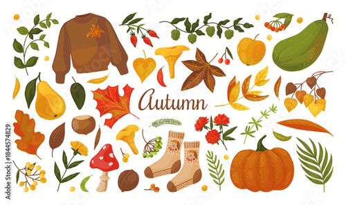 Autumn stickers. Fall harvest season graphic pumpkin, cozy handdrawn knitted sweater and socks, cute branch decor with leaf, mushroom and berry. Vector cartoon isolated illustration set
