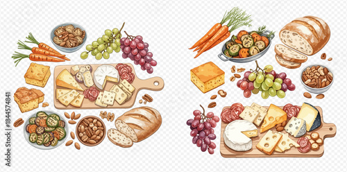 Delicious watercolor illustration of a cheese board with various cheeses, grapes, bread, and other snacks.