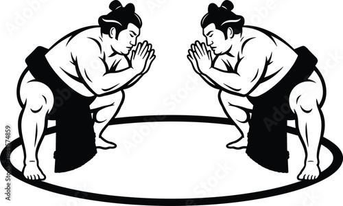 Sumo wrestling silhouette illustration showing traditional Japanese sport, two wrestlers bowing in ring, strength, culture, competition, isolated vector design