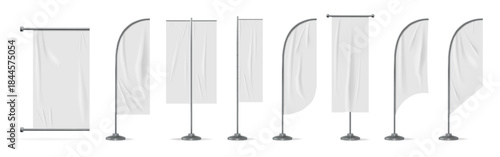 Wind banner. Vertical flag template, hanging beach blank teardrop or ad textile flagpole. White stand for expo and event different shapes. Vector mockup, marketing advertising isolated element