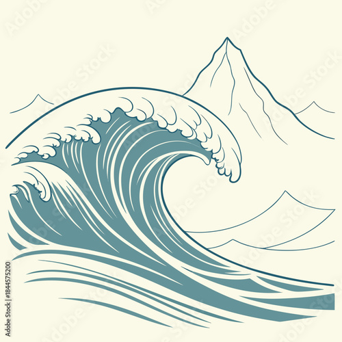 Stylized illustration of a powerful ocean wave cresting with a distant mountain range under a pale cream background in a minimalist artistic style