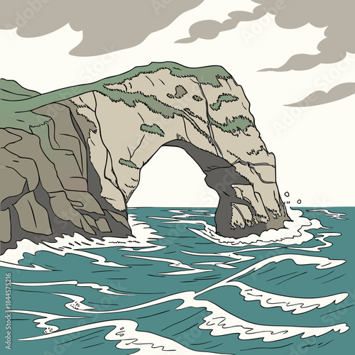 A dramatic illustration of a rugged coastal rock arch formation with waves crashing against its base under a cloudy sky