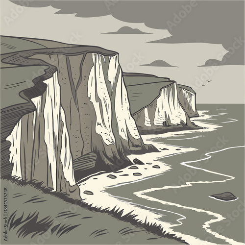 Dramatic illustration of a rugged coastline with sheer white chalk cliffs meeting a textured sea under a cloudy sky with distant birds flying