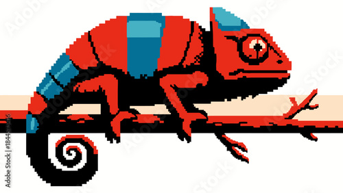 Vibrant pixelated chameleon illustration with striking red and blue scales perched on a branch, evoking a nostalgic digital art aesthetic