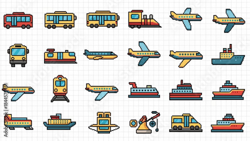 Collection of pixelated transportation icons representing various modes of travel, including buses, trains, planes, and boats