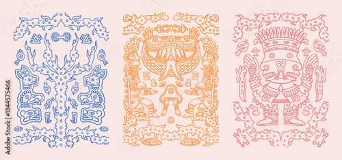 Mexican pattern. Aztec African or Mexico elements, tribal Africa texture or Peruvian maya ethnic tribe line art. Posters or print ornament design, vector vintage monochrome isolated shapes set