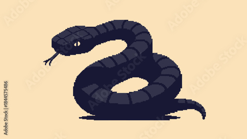 Dark, coiled snake in pixel art illustration, tongue extended. Minimalist 8-bit retro design of a mysterious serpent, ideal for vintage gaming themes and digital projects