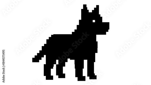 Minimalist pixel art silhouette of a standing canine, representing a pet or guard animal in retro gaming style graphics for digital projects and nostalgic themes