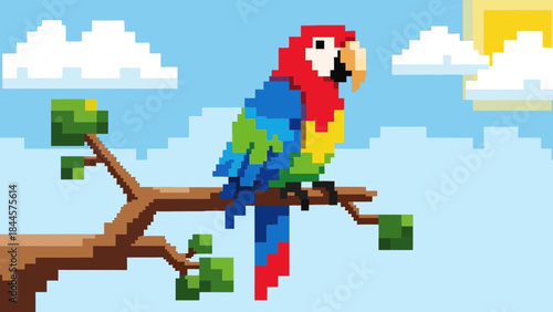 Colorful pixel art macaw parrot perches on a tree branch under a sunny, pixelated sky. This vibrant digital illustration features striking red, blue, and green plumage, evoking tropical wildlife charm