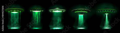 Ufo light. Alien spaceship with green space beam, flying 3d saucer, fiction science smoke. Galaxy glow with bright illumination sparkle vertical ray, neon spotlight. Vector realistic object