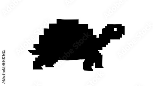 Pixelated Silhouette of a Tortoise Walking on a White Background, Retro Gaming Style