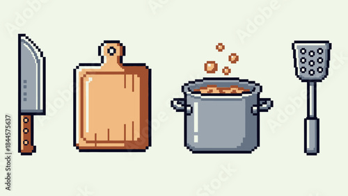 Pixel art icons of kitchen utensils a knife, cutting board, pot with boiling food, and a spatula