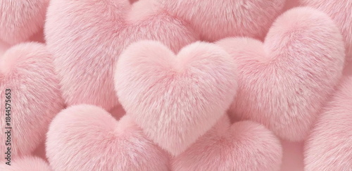 Valentine's day banner with soft pink fur hearts pattern. Space for text. 