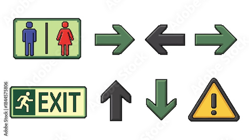 Collection of universal directional, informational, and warning signs, including restroom indicators, exit signs, arrows, and hazard symbols