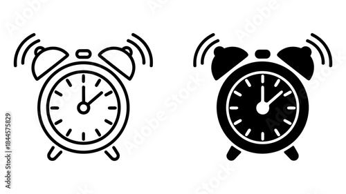 Ringing alarm clock icon in two styles, a line art version and a solid black silhouette