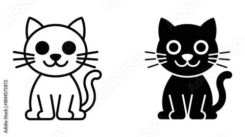Adorable minimalist black and white cat icons in both outline and solid styles