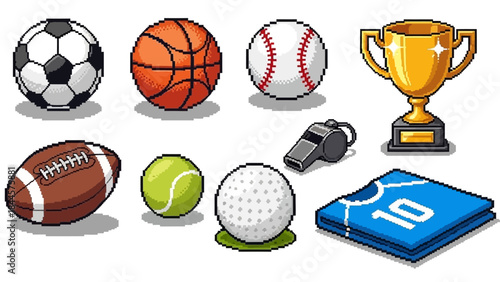 A vibrant pixel art collection showcasing various sports equipment and a gleaming golden trophy, perfect for retro gaming projects, athletic themes, or digital design assets