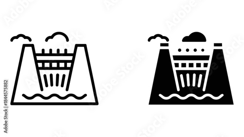 Hydroelectric power plant dam icon set showing renewable energy generation