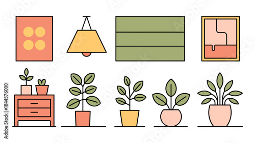 A collection of minimalist home decor elements including furniture and houseplants