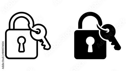 A padlock and key icon set in outline and solid styles for security concepts