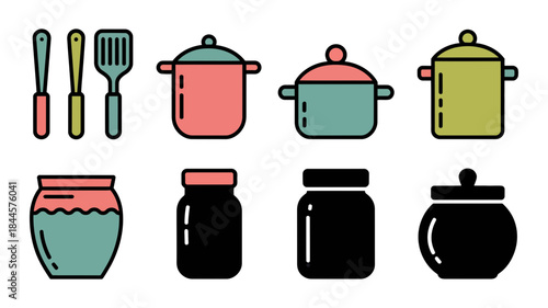 A collection of colorful flat design icons representing various kitchen utensils and containers