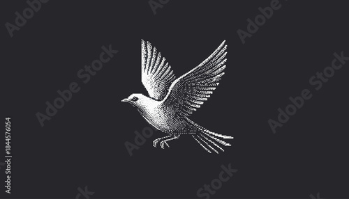 A detailed illustration of a bird in flight against a dark background, showcasing intricate feather details and a sense of freedom