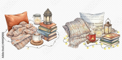 Watercolor illustration of cozy autumn and winter elements for hygge lifestyle and comfortable home decor.