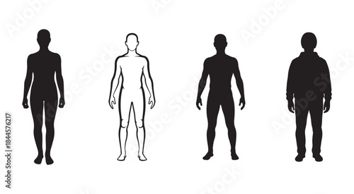 Silhouettes of four different human body types and styles of dress, showcasing diversity in form and attire