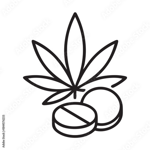 A simple black and white line drawing depicts cannabis leaves alongside two pills suggesting medical applications