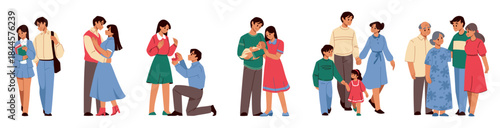 Big family. Grandparents house, happy couple and granny care for baby girl, boy and father work. Mother at home. Old and young characters. Generations parenthood concept. Vector cartoon set