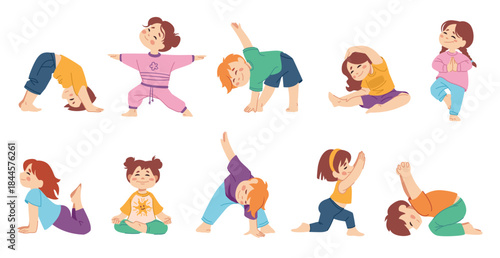 Kid yoga. Child characters doing sport exercise, children gym and balance pose or baby girl healthy activity, toddler stretch in asana. Physical body training. Vector cartoon flat isolated set
