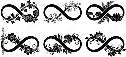Floral infinity symbol designs with delicate flower embellishments