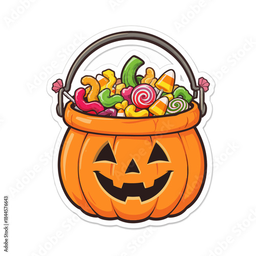 Cheerful cartoon pumpkin bucket overflowing with a colorful assortment of sweet Halloween candies, ideal for festive trick-or-treating fun and autumn celebrations