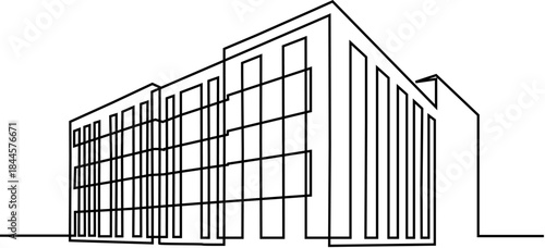 Multi- storey apartment building, office center or industrial building in continuous line art drawing style.