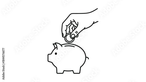 Vector illustration of hand dropping coin into piggy bank, simple line art icon for savings and investment