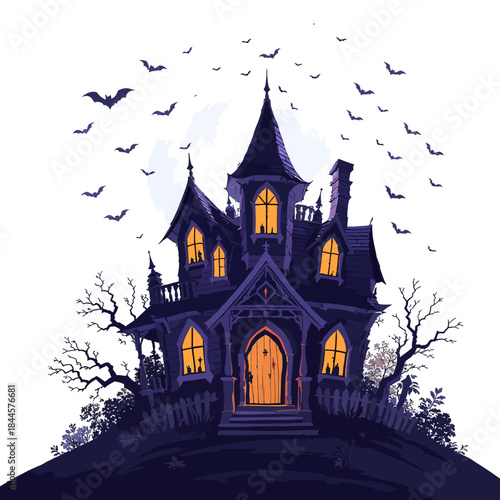 Eerie gothic haunted house on a dark hill with glowing windows, surrounded by a flock of bats under a spooky moonlit sky, capturing the essence of Halloween fright