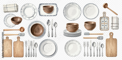 Watercolor illustration set of various kitchen utensils and dinnerware including plates, bowls, cutlery, and cutting boards.