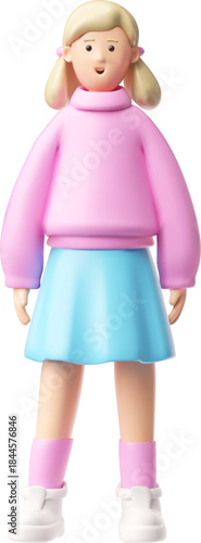 Smiling teenager girl standing, 3D cartoon vector happy blond schoolgirl character wear pink blouse and blue skirt