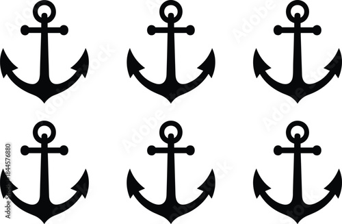 Grid of six identical black anchor silhouettes on white background, symbolizing nautical themes, maritime design, and symmetry